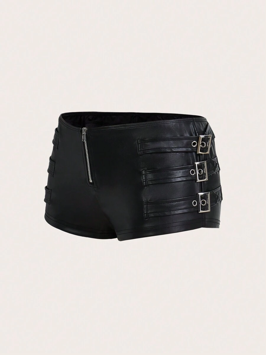 GloRilla x SHEIN ICON Y2k Black Tight Fit PU Low-Waist Decorated Ultra-Short Shorts Rave Festival Outfits