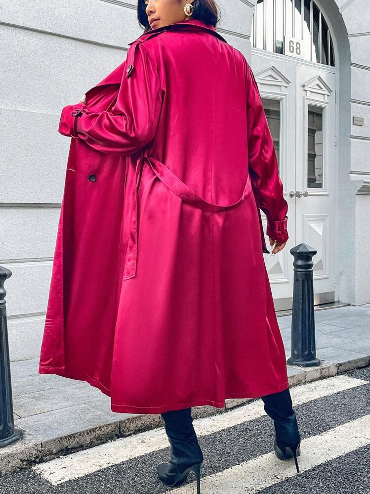 SHEIN Unity 大码缺口领前排扣长袖风衣，休闲 - 紫色 - 查看 2