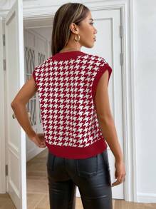Muchica Spring Houndstooth Print Vest Jacket Without Blouse - Burgundy - View 2