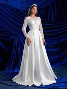 Glamrae Váy cưới dài tay ren và lưới mỏng bằng vải satin cổ thuyền lãng mạn, thanh lịch, lộng lẫy, màu trắng, có bèo nhún, hở lưng, thiết kế đuôi váy chữ A rộng cho váy cưới, váy cô dâu - trắng - Xem 6