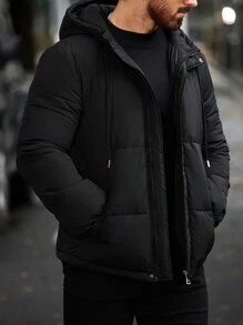 Manfinity Homme 男士前拉链抽绳长袖连帽休闲棉服外套，冬季外出外套，适合送给朋友、丈夫、男朋友的礼物 - 黑色 - 查看 5