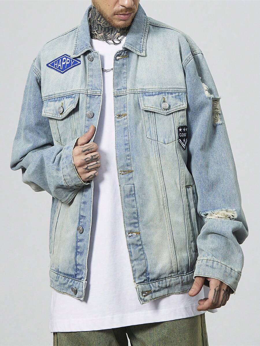 Manfinity Roughcore Jaket Denim Lengan Panjang Pria Warna Polos dengan Saku Tempel dan Kancing Depan - Biru - View 1