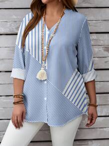 SHEIN LUNE Plus Size Women's Casual V-Neck Blue & White Stripe Button Down Long Sleeve Shirt, Suitable For Autumn - Blue and White - View 3