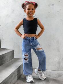 SHEIN Explorewe Young Girls' New Casual Fashion Light Blue Distressed Washed Denim Straight Jeans - Light Wash - View 5