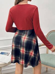 SHEIN 2 件套孕妇哺乳格子吊带背心连衣裙和长袖上衣，孕妇装 - 橘色 - 查看 2