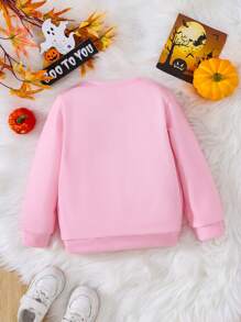 SHEIN Young Girl Mother & Daughter Pink Crewneck Sweatshirts, Matching Funny Face Prints, Casual Pullover For Halloween Festival, For Halloween Party - Pink - View 2