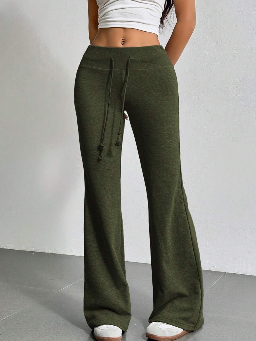 SHEIN EZwear Drawstring Waist Flare Leg Sweatpants - Army Green - View 1