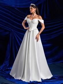 SHEIN Belle Elegant Glamorous Off-Shoulder 2 In 1 Set With Sequin Lace Bust Cup, Fish Bone Boning, A-Line Dress & High Slit, Sheer Lace Design, Suitable For Weddings, Parties, Galas & Informal Ceremonies, White Bridal Dress