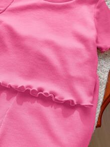 SHEIN LMoss Kids LMoss 6件套女婴纯色针织短袖上衣和松紧腰短裤休闲装 - 綠色 - 查看 9
