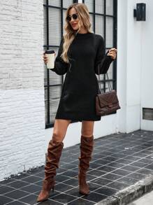 SHEIN LUNE Black Simple High Neck Casual Fashion Streetwear Sweater Dress For Women, Autumn/Winter