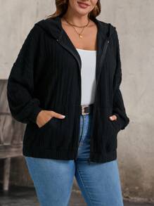 SHEIN LUNE Plus Size Winter Clothes Textured Fabric & Comfortable Hooded Pocket Coat - Black - View 3