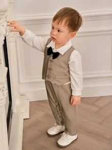 SHEIN 2 件男婴秋冬装：可爱领结、纹理针织运动衫和裤子套装、针织背心。适合派对、休闲、户外。高品质选择 - 棕色 - 查看 4