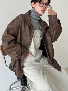 FRIFUL Women's Loose Dropped Shoulder Zip Up Casual Jacket For Spring/Autumn Women Coats - Brown - View 14