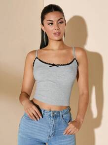 SHEIN BAE 女士夏季撞色蕾丝蝴蝶结装饰吊带背心 - 灰色 - 查看 4