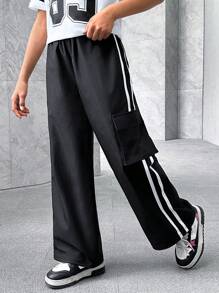 SHEIN 少女休闲宽松梭织运动裤，母女装（两件套，分开出售） - 黑色 - 查看 5