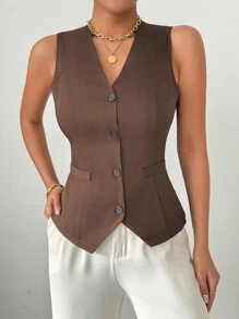 RosyDaze Women's Summer Solid Color Single-Breasted Casual Short Vest - Brown - View 4