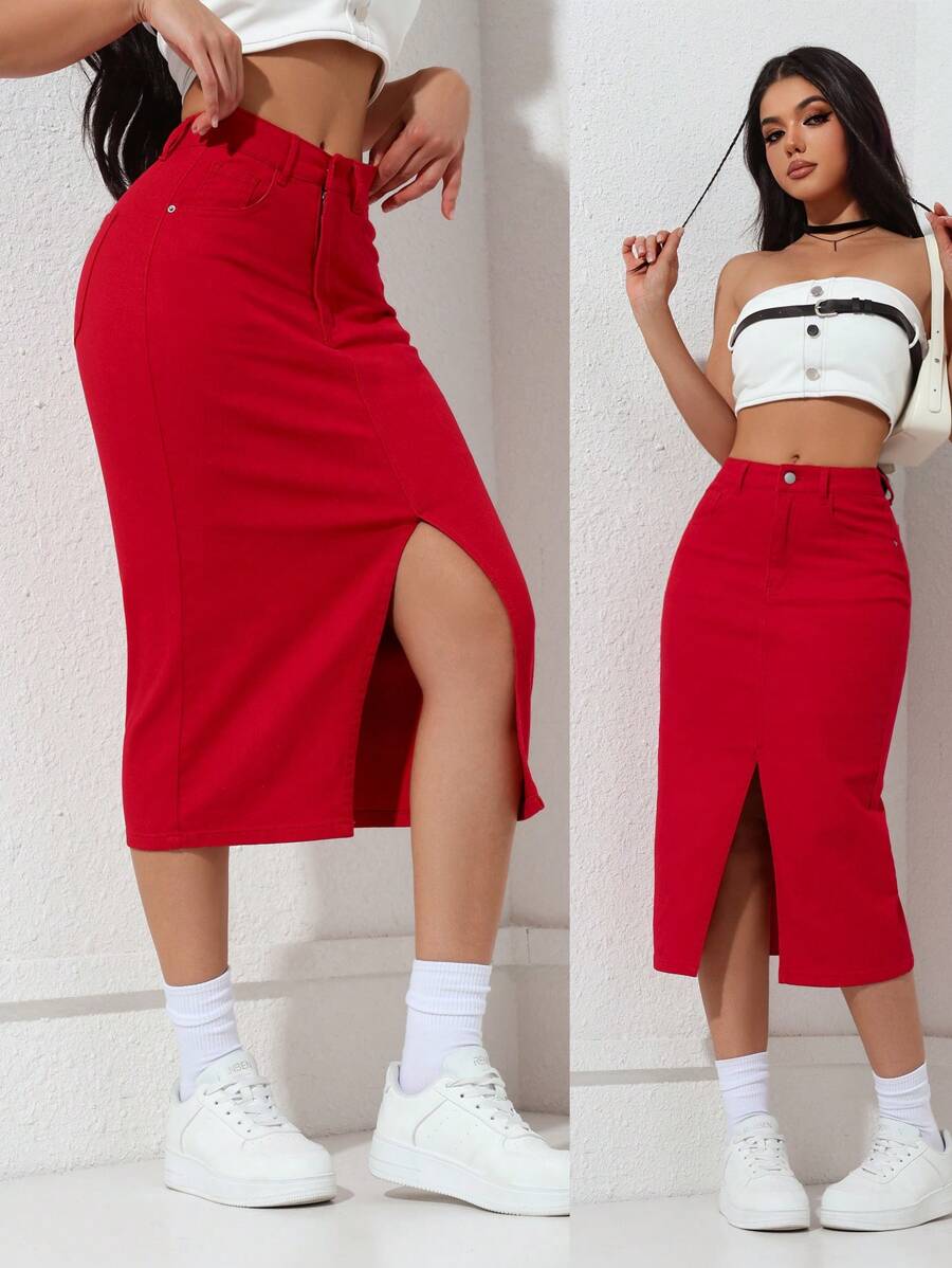 SHEIN Unity 女式纽扣装饰腰带设计修身开叉牛仔迷你裙 - 紅色 - 查看 1