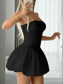 SHEIN ICON Váy mini phồng không dây màu đen trơn thời trang mùa hè - màu đen - Xem 3