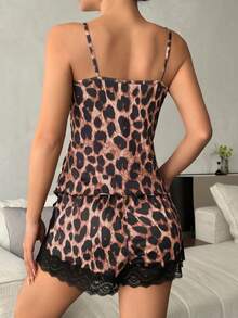 女士细肩带蕾丝拼布豹纹上衣和短裤睡衣套装 - 咖啡棕 - 查看 2