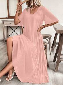 SHEIN LUNE Kỳ nghỉ hè cho nữ Váy ngắn tay cổ chữ V màu trơn xếp ly dài dáng rộng - Bụi hồng - Xem 6