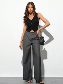 Forever 21 女性商務通勤直筒實色低腰超長拉鍊長褲 - 灰色 - 查看 3
