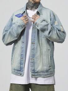Manfinity Roughcore Jaket Denim Lengan Panjang Pria Warna Polos dengan Saku Tempel dan Kancing Depan - Biru - View 3