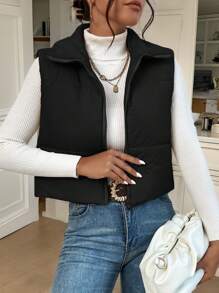 SHEIN Essnce Zip Up Sleeveless Padded Coat - Black - View 1