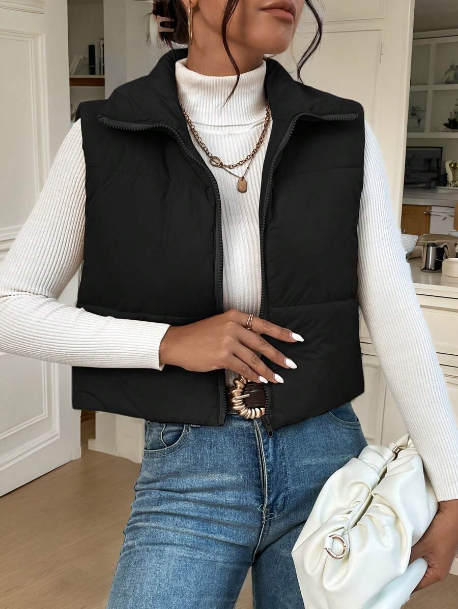 SHEIN Essnce Zip Up Sleeveless Padded Coat - Black - View 1