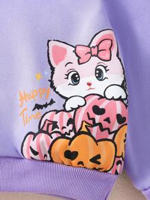 2 件装女婴南瓜和小猫印花羊毛运动衫和裤子套装，2024 年秋冬万圣节 - 紫色 - 查看 5