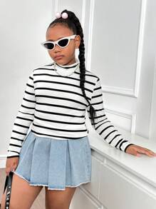 SHEIN Tween Girls Extended Size Basic Casual Ribbed Turtleneck Long Sleeve T-Shirt
