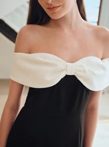 MOTF STUDIO 双色蝴蝶结翻领露肩短裙，新年装扮 - 黑與白 - 查看 2