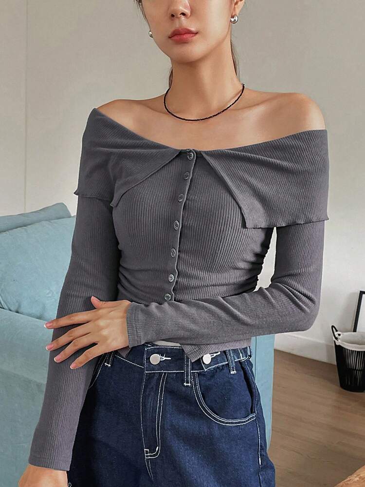 Women's Solid Color Off-Shoulder Buttoned Collared T-Shirt, Casual Daily Wear Long Sleeve Women Tops