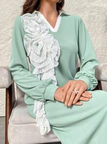 Al Najma 女式纯色拼布褶饰下摆长袖连衣裙 - 綠色 - 查看 7
