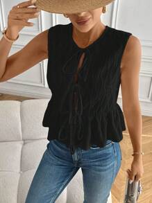 SHEIN Frenchy Top de tirantes de mujer con textura, anudado y atado, con volante en el bajo - Negro - Ver 3