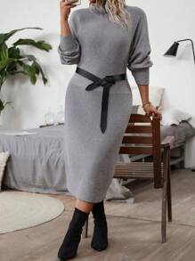 Calvaya Vestido de suéter de cuello alto de diseño ceñido a la cintura, de moda y sencillo en tallas grandes