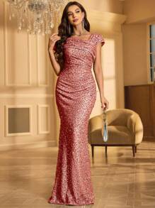 女士不对称领口褶饰亮片派对礼服婚礼宾客礼服正式礼服晚礼服、新娘礼服、生日礼服、毕业礼服 - 西瓜粉 - 查看 5