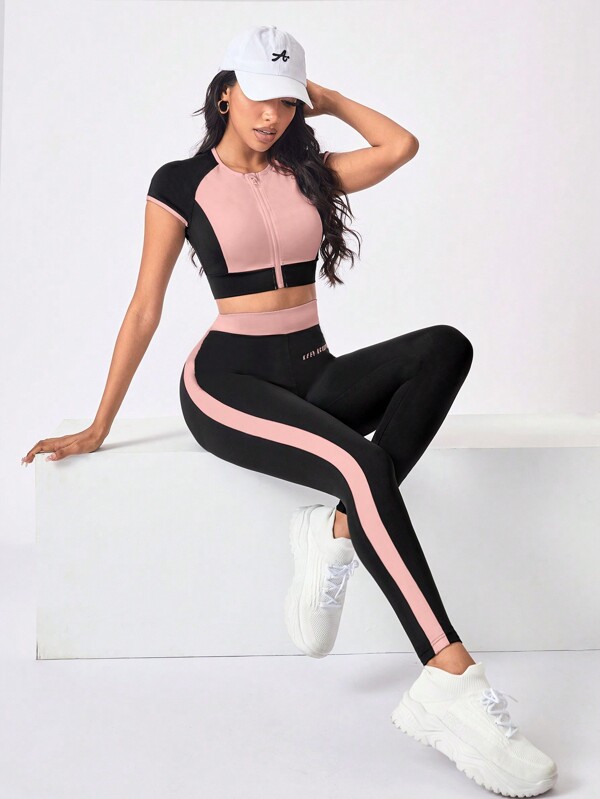 SHEIN Sport Studio Women's Sportwear Set Crew Neck Short Sleeve Contrast Zipper Top & Striped Design Long Pants Workout Women Set Women Leggings Set