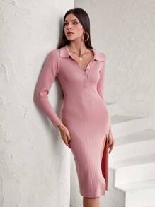 Femmeiva Elegant & Versatile V-Neck Split Hem Fitted Knit Sweater Dress Fall Cloth For Women - Dusty Pink - View 5