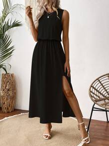 Chiquease Solid Split Thigh Long Dress For Summer Vacation - Black - View 1