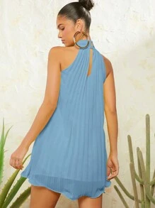 L'Amorae Neck Tie Pleated Dress - Blue - View 2