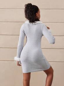 Teen Girl Chic Furry Collar & Cuff Fitted Short Sweater Dress, Showcasing High-End Fashionable Charm. The Furry Collar & Cuffs Add A Luxurious Touch, While The Ribbed Details Accentuate The Elegant Figure. The Fitted Design Highlights The Graceful Curves, And The Long Sleeves Provide Warmth And Sophistication. Suitable For Outings, Gatherings, And Photo-Taking, Embodying The Taste Of Teenage Girls. This Sweater Dress Is Imbued With A Sense Of Aristocratic Quality, Allowing The Wearer To Radiate An Aura Of Nobility And Elegance, Becoming The Center Of Attention Wherever They Go, And Exuding Youthful Vigor And Refined Charm. - Dusty Blue - View 2