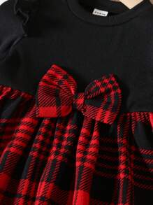 SHEIN Leap Crew Baby Girl Cute Plaid Patchwork Long Sleeve Knit Dress, Christmas Party Outfit - Black - View 3