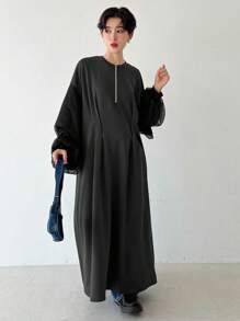 FRIFUL Women's Zipper Half Placket Drop Shoulder Lantern Sleeve Dress With Thermal Lined Fall,Winter - Grey - View 4