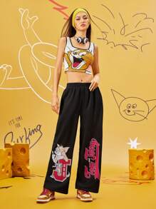 TOM & JERRY X SHEIN Pantalones anchos de cintura elástica con estampado de letra y dibujos animados para mujer, de uso casual