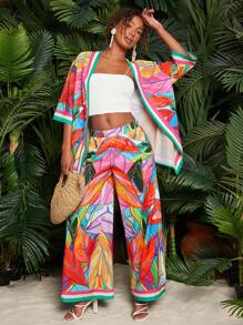 Travachic Floral Print Kimono & Wide Leg Pants, Vacation Outfit - Multicolor - View 5