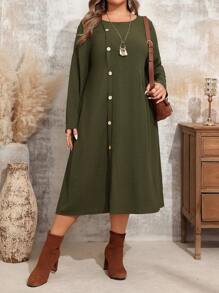 EMERY ROSE Đầm suông rộng rãi, cổ tròn, tay dài, màu trơn, đơn giản, dáng rộng, mùa thu, cỡ lớn cho nữ - Nhiều màu - Xem 3