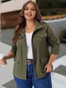 EMERY ROSE Plus Size Women's Zip-Up Front Pocket Military Green Cargo Jacket,Fall Clothes