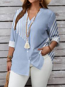 SHEIN LUNE Plus Size Women's Casual V-Neck Blue & White Stripe Button Down Long Sleeve Shirt, Suitable For Autumn - Blue and White - View 6