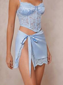 SHEIN Unity High Slit Mini Wrap Skirt With Bow Tie & Lace Trim - Blue - View 7