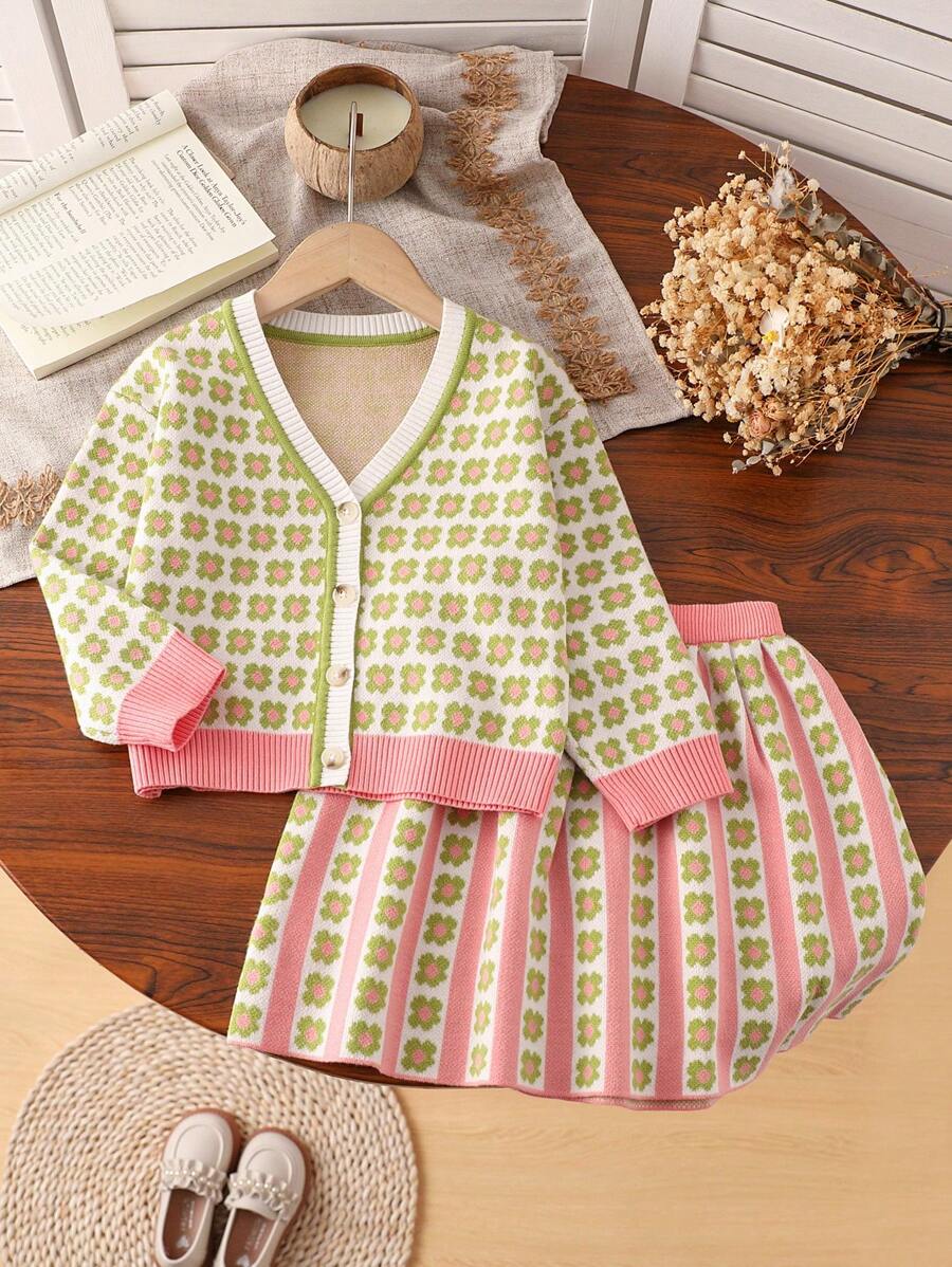 SHEIN 年轻女孩学院风可爱针织毛衣套装，春秋 - 粉色 - 查看 1